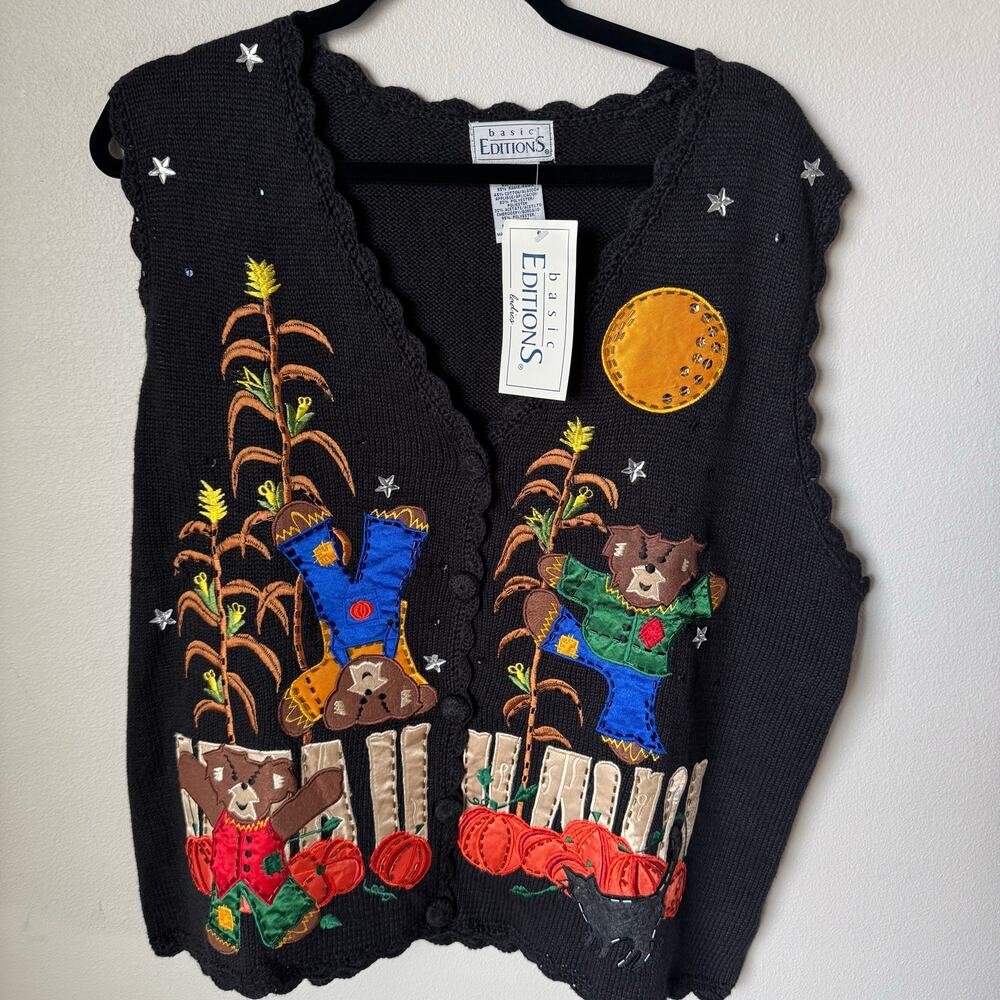 Vintage 90s Halloween Sweater Vest Grumpy Bears Pumpkins NWT XL - Picture 5 of 8